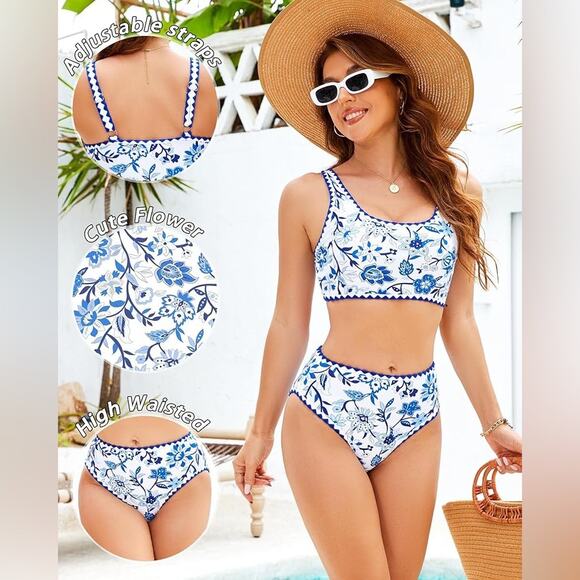Herseas NEW Blue & White Floral 2 Piece Bikini Set Scoop Neck High Waist Large - Picture 3 of 10